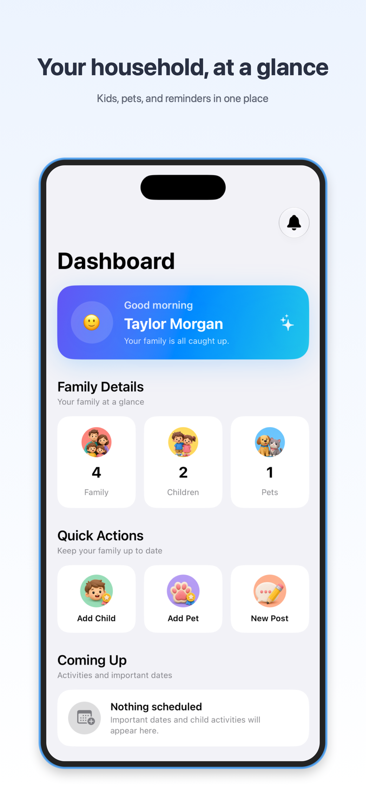 Family Equity dashboard showing family, children, pets and upcoming events