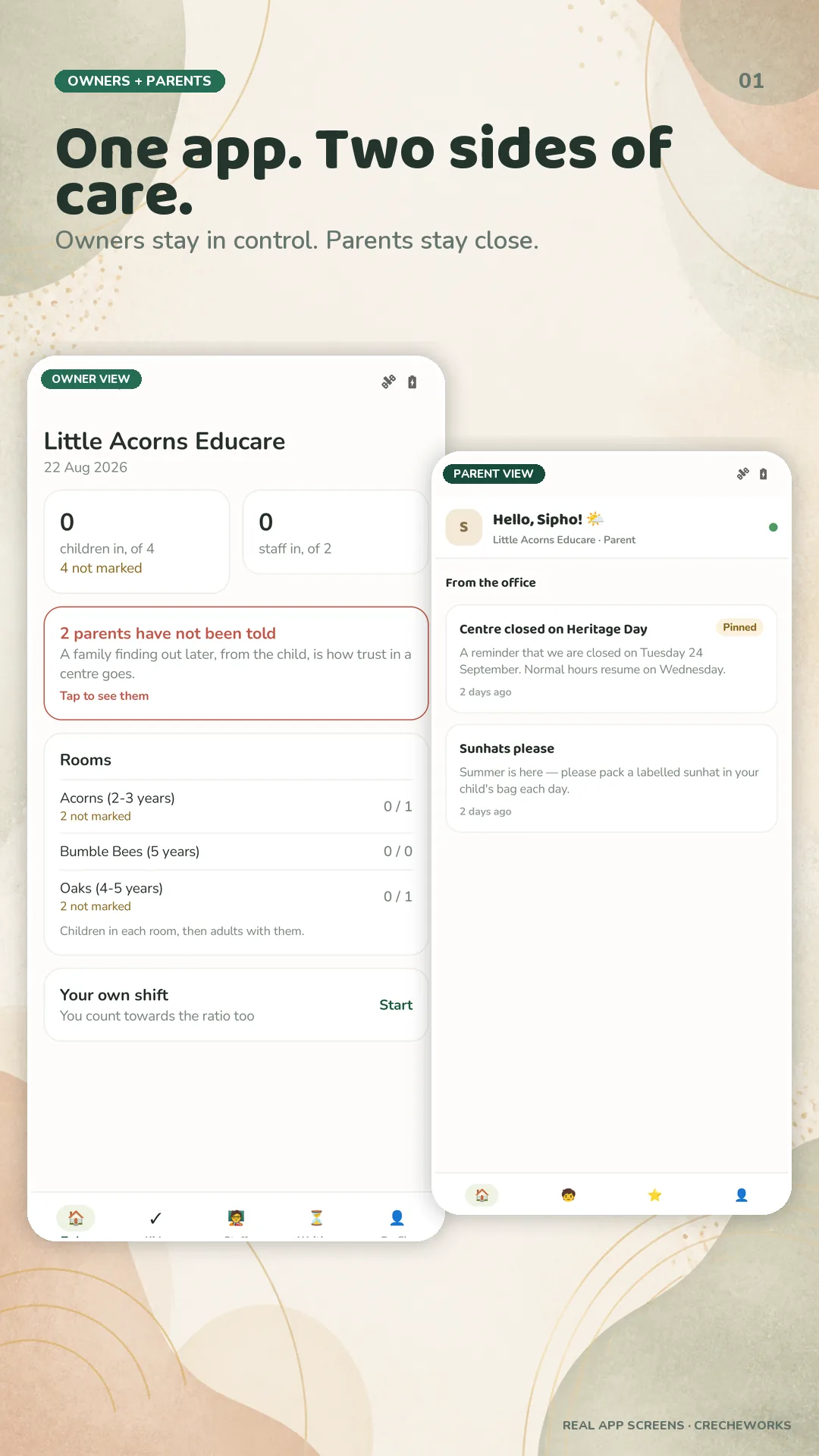 CrecheWorks Android owner and parent home screens