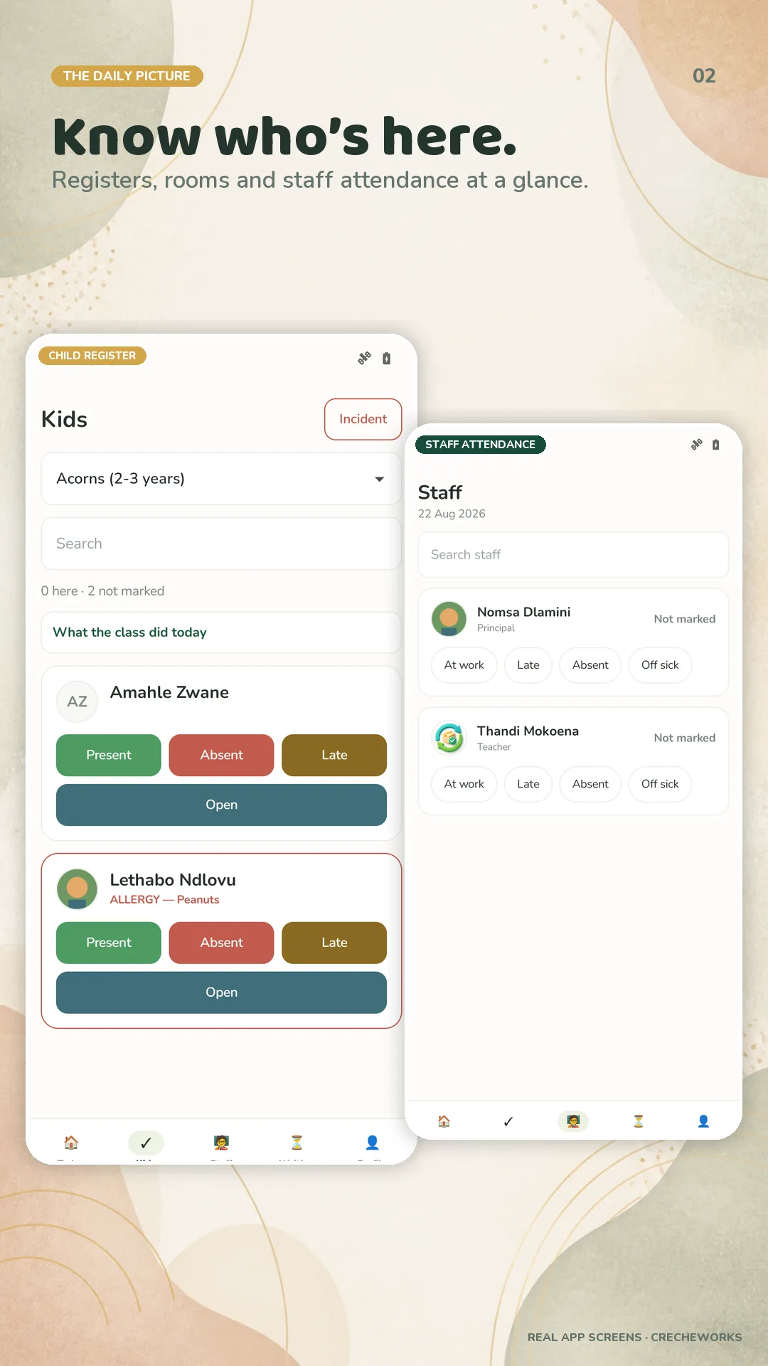 CrecheWorks Android child register and staff attendance screens