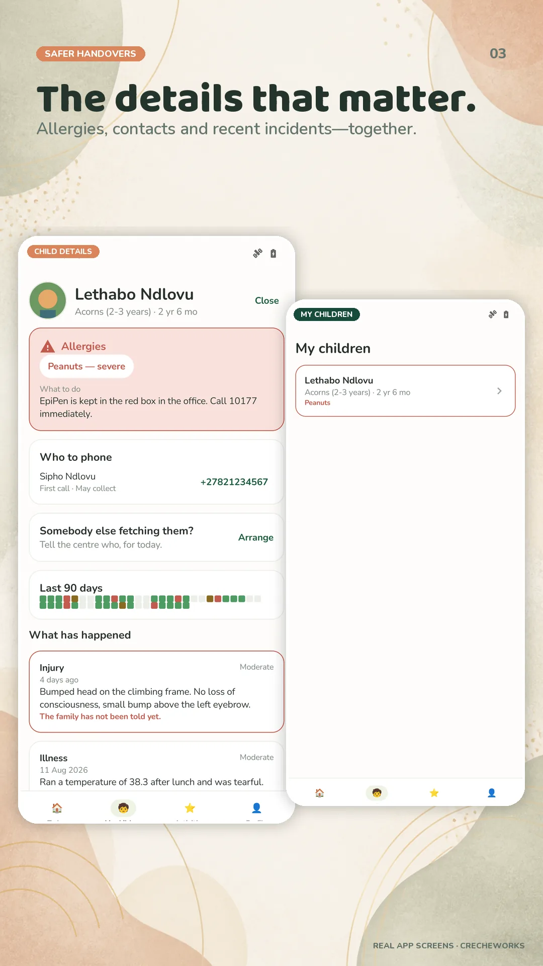 CrecheWorks Android child safety and incident detail screens
