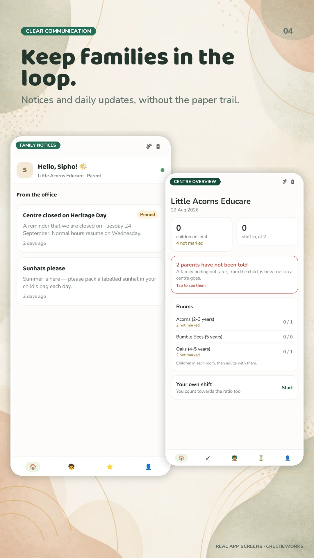 CrecheWorks Android parent notices and centre overview screens