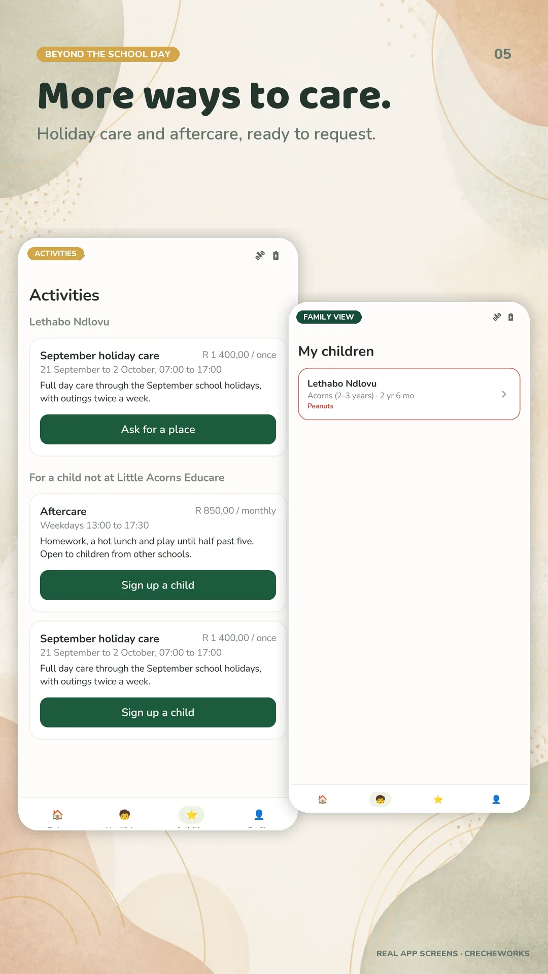 CrecheWorks Android activities and family screens