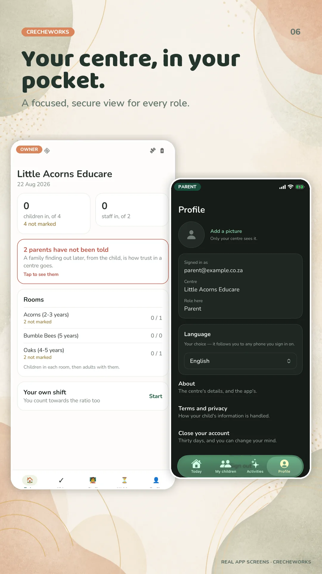 CrecheWorks Android owner and parent profile screens