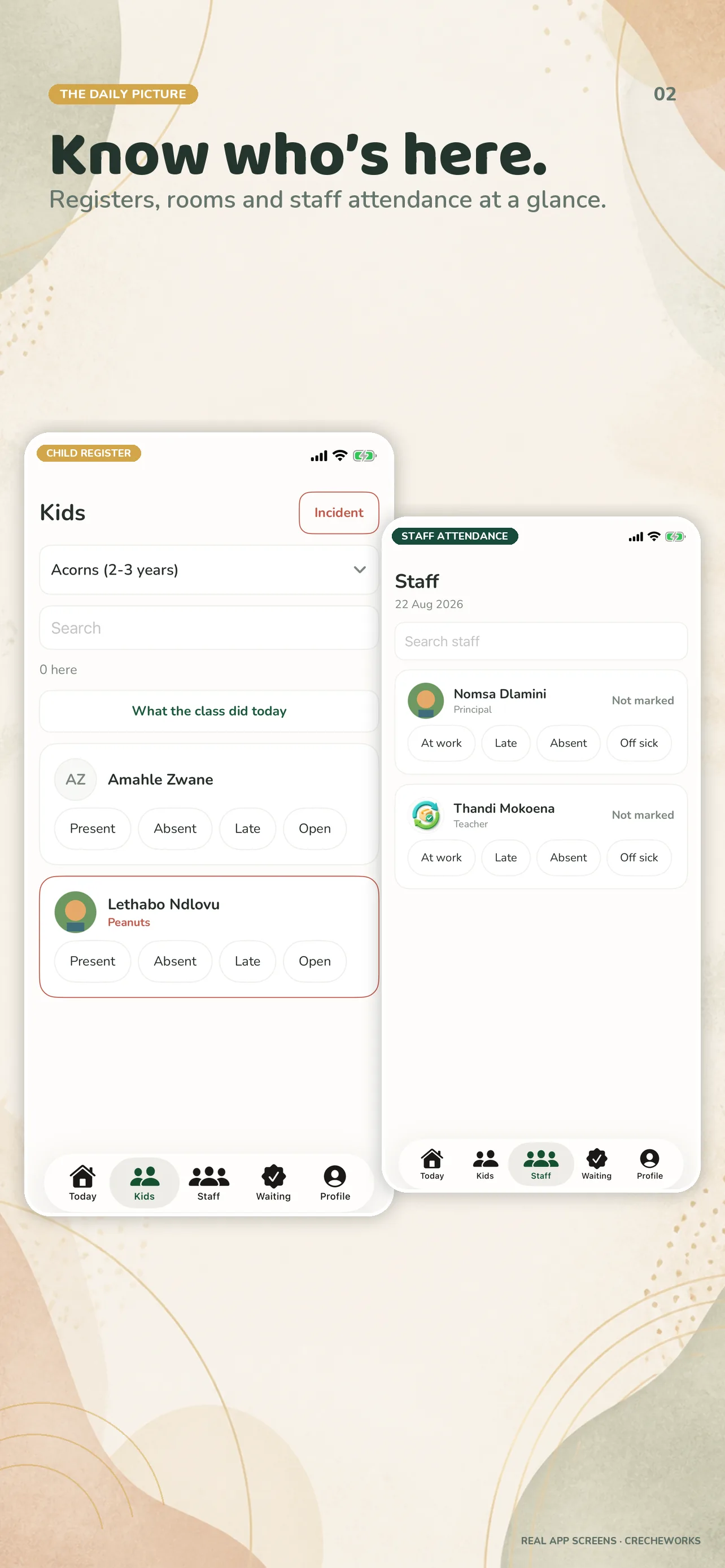 CrecheWorks iOS child register and staff attendance screens