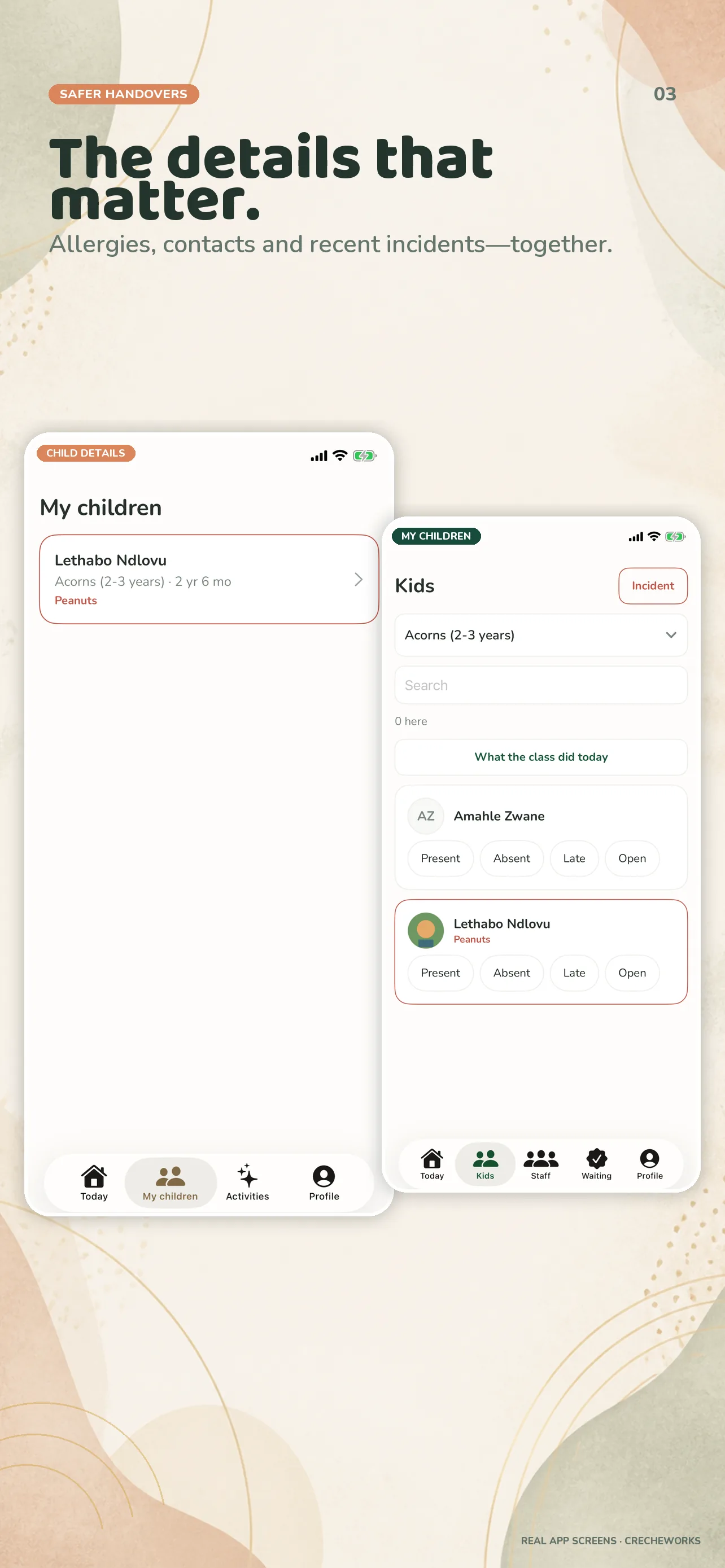 CrecheWorks iOS child safety and incident detail screens