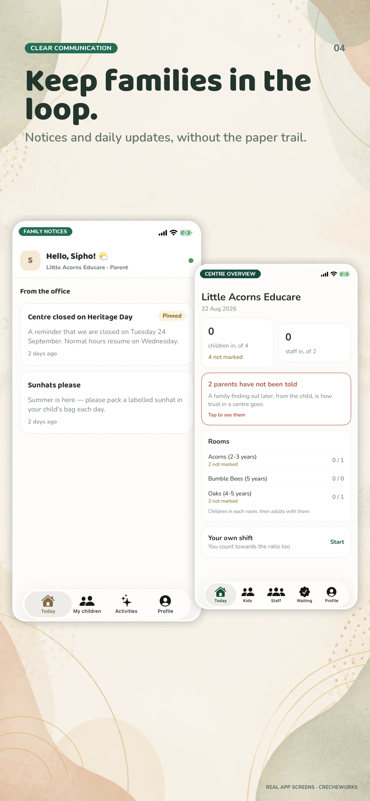 CrecheWorks iOS parent notices and centre overview screens