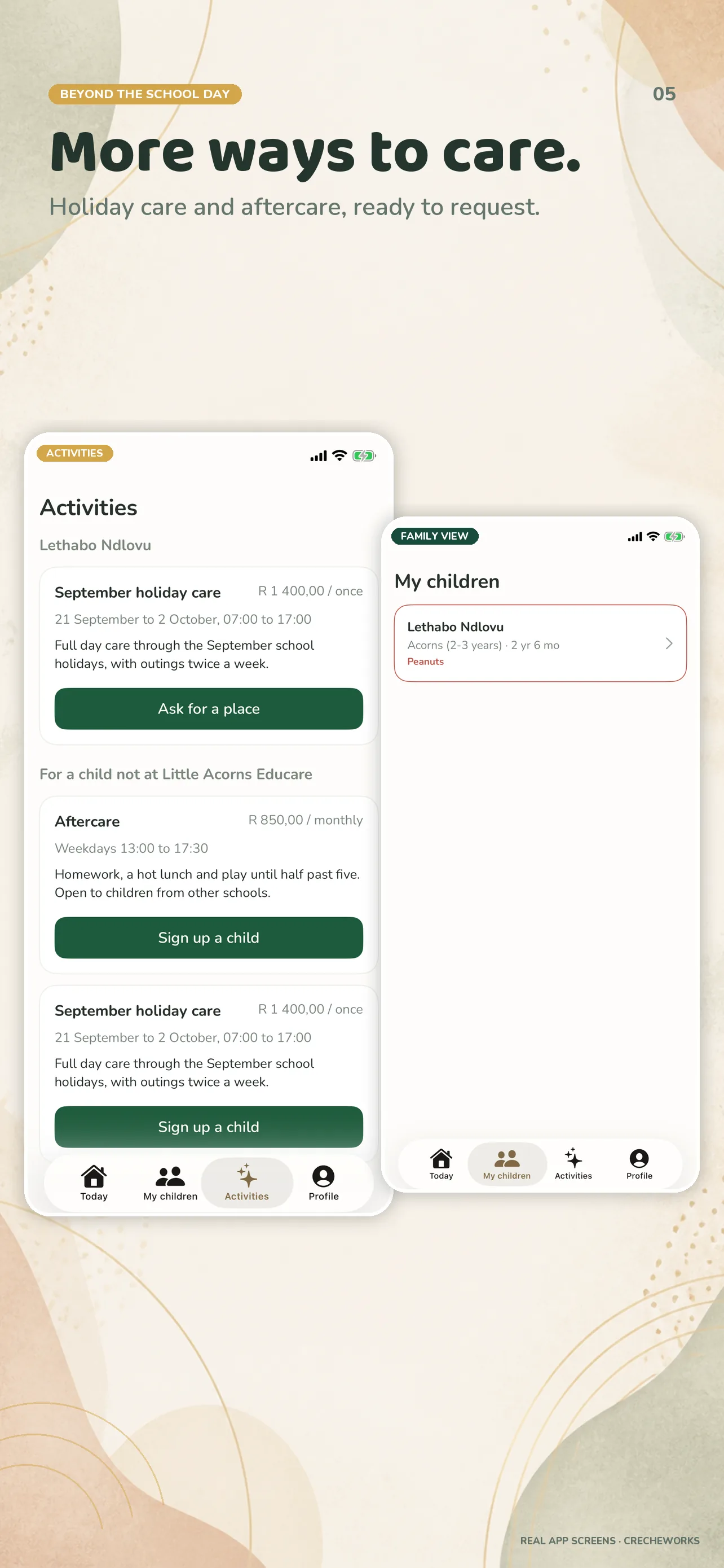 CrecheWorks iOS activities and family screens
