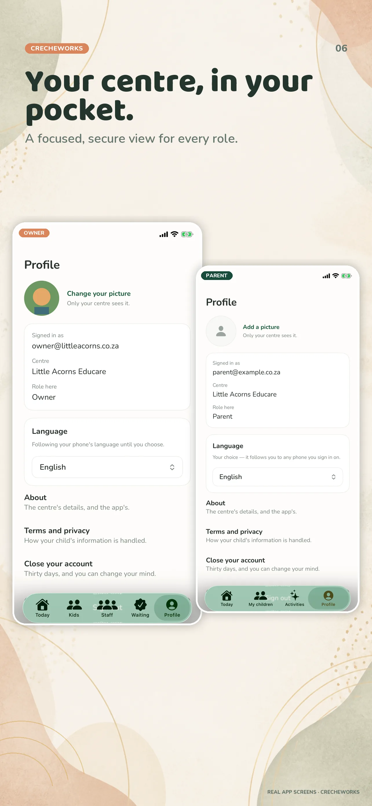 CrecheWorks iOS owner and parent profile screens