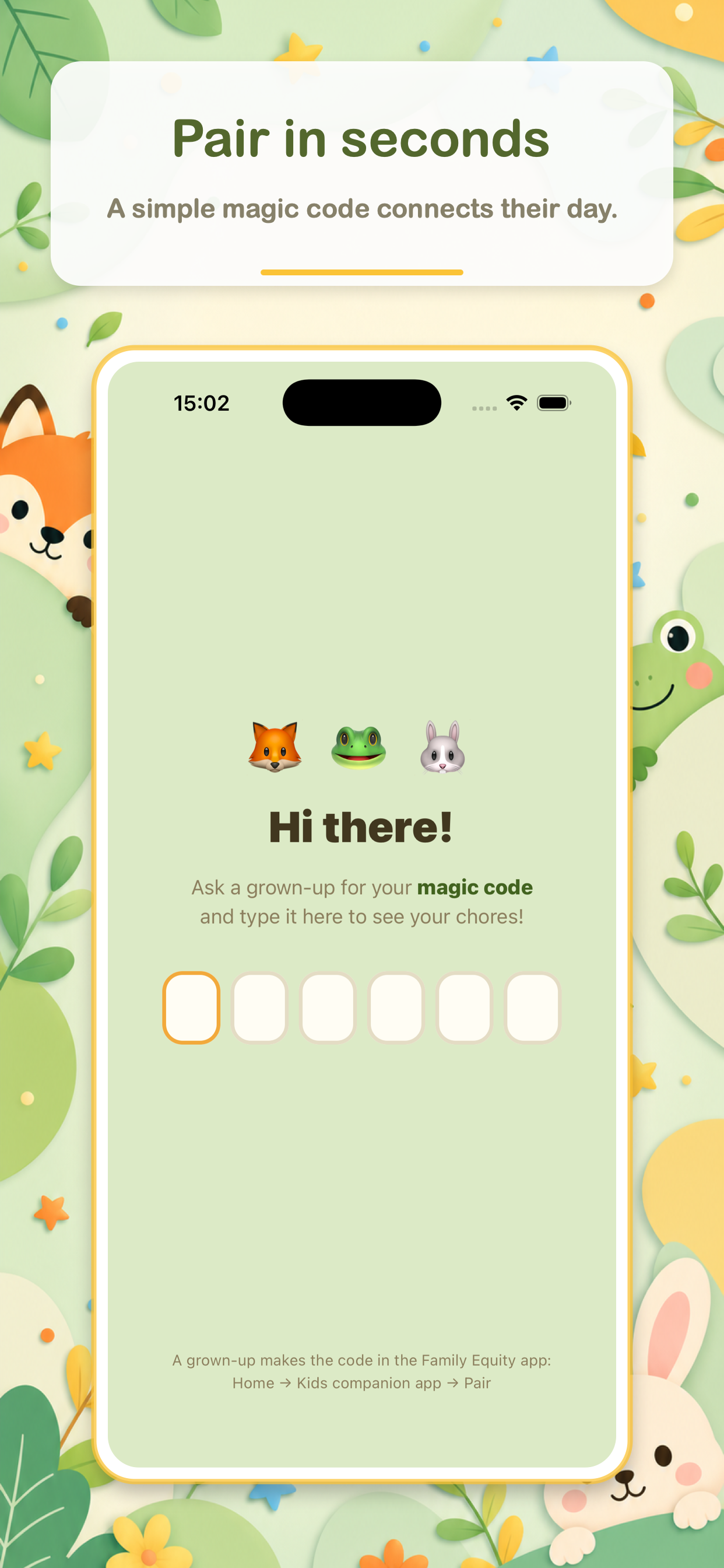 Family Equity Kids magic code pairing screen