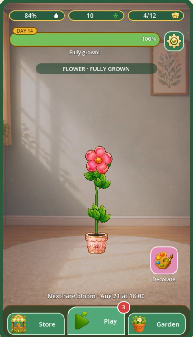 Sprout home screen with a fully grown flower on day 14