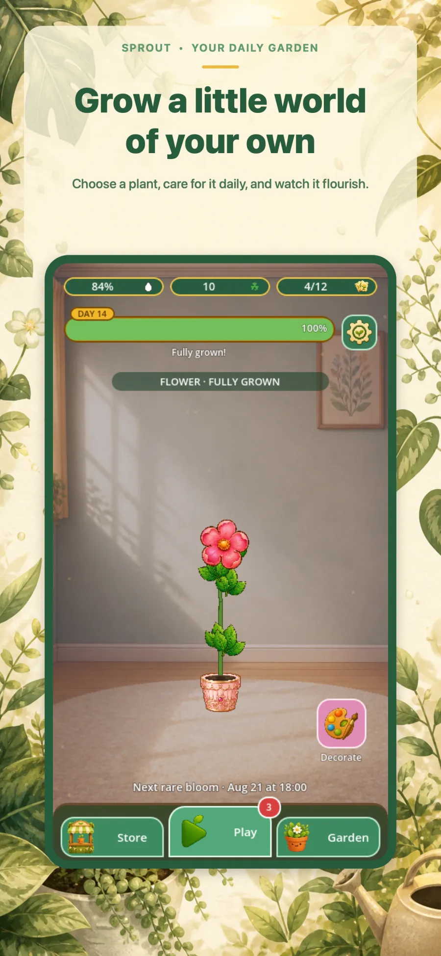 Sprout home screen showing a fully grown flower with water, clover and card counters
