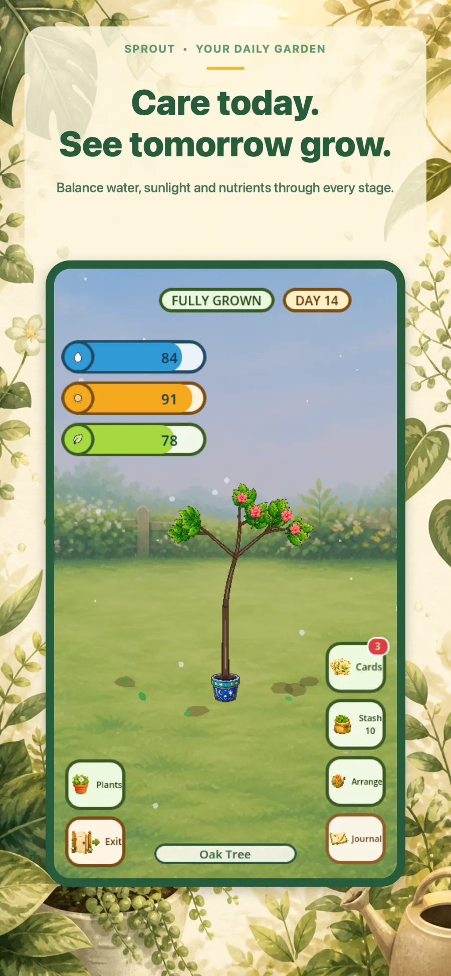 Sprout gameplay with the daily card pack open over the garden