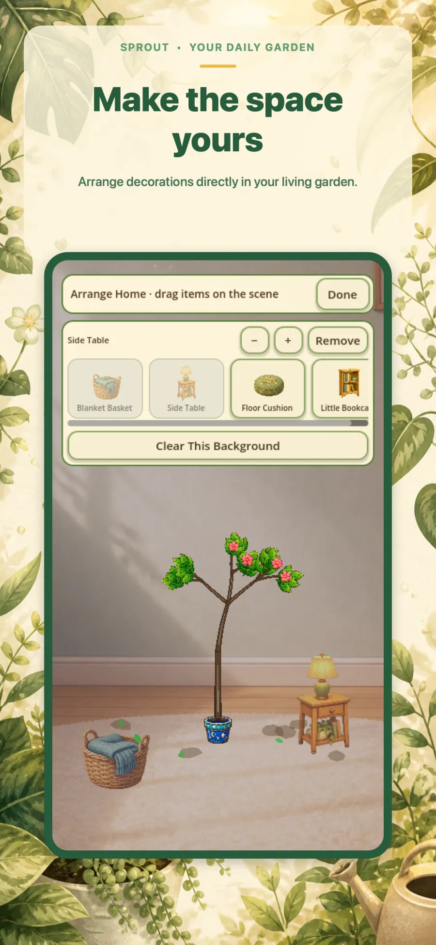 Sprout decoration picker with pot designs and backdrops