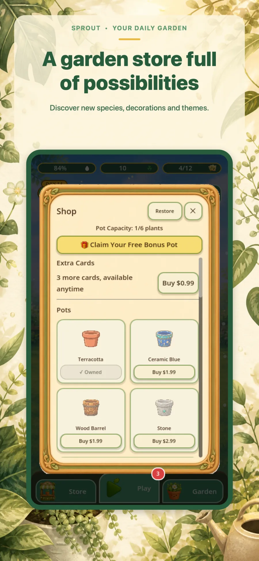 Sprout store showing seeds, pots and card art styles